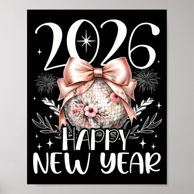 Happy New Year 2026 Disco Cute Bow Flower New Year Poster (Framsidan)