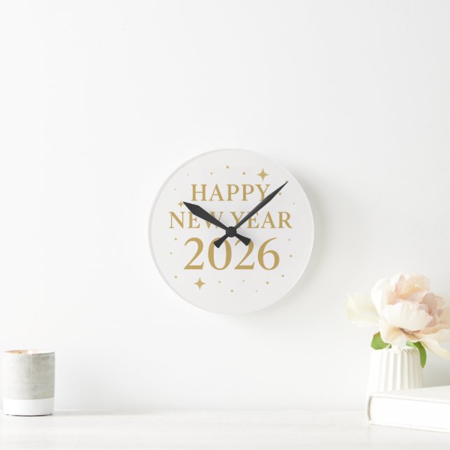 ✨ Happy New Year 2026 Elegant Gold Wall Clock | Mi Rund Klocka (Hem)