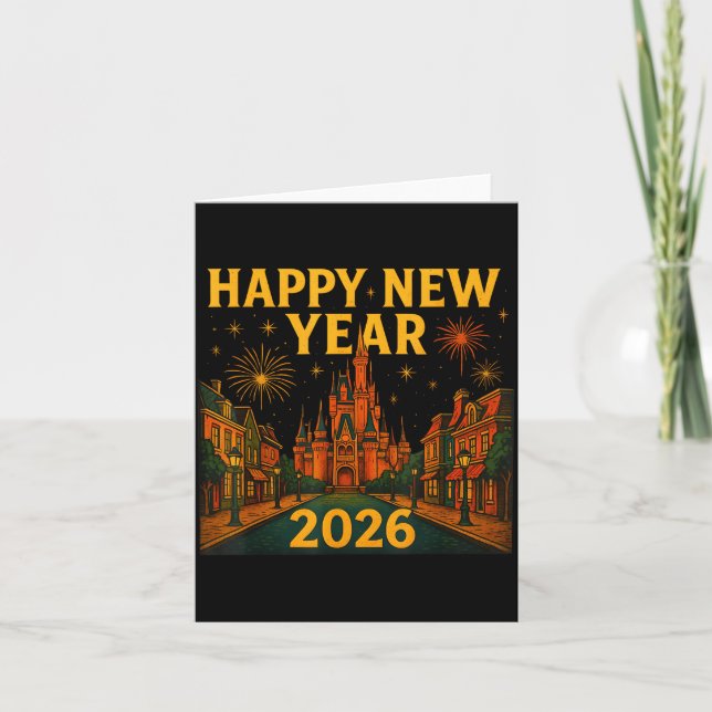 Happy New Year 2026 Fantasy Castle Fireworks Night Kort (Framsida)