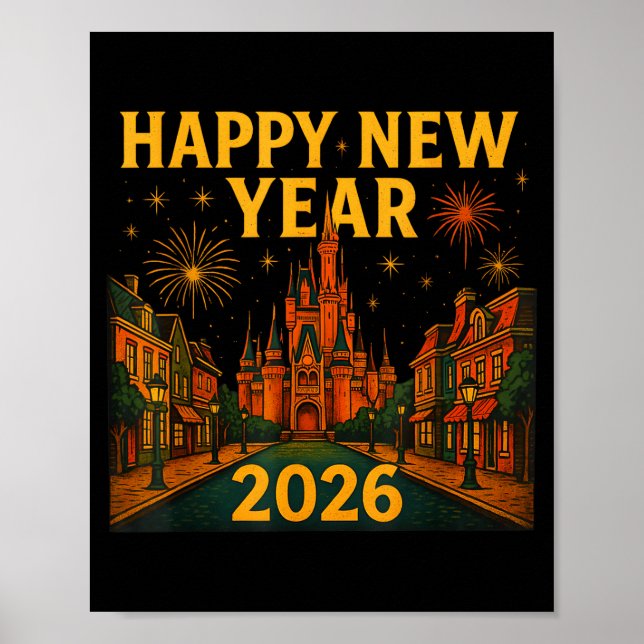 Happy New Year 2026 Fantasy Castle Fireworks Night Poster (Framsidan)