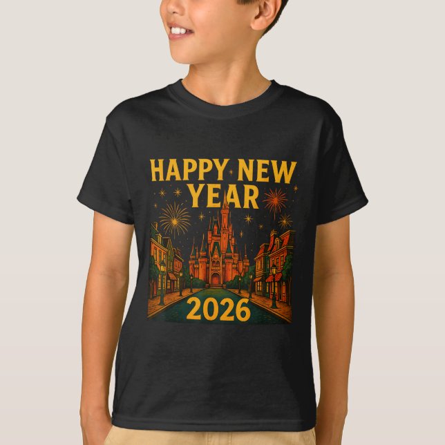 Happy New Year 2026 Fantasy Castle Fireworks Night T Shirt (Framsida)