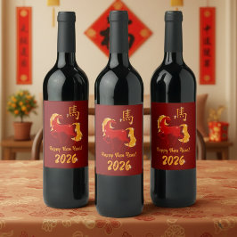 Happy New Year 2026 Fire Horse Chinese Zodiac Vinflaska Etikett