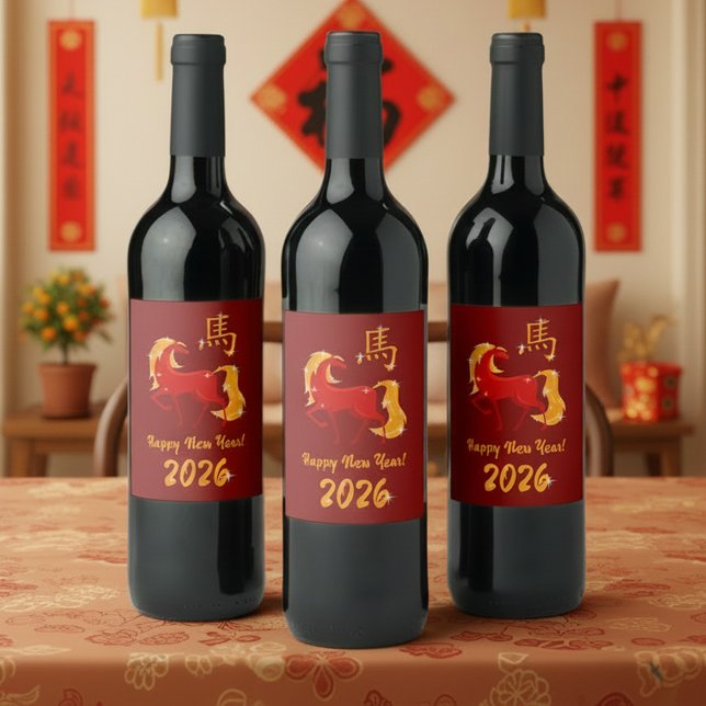 Happy New Year 2026 Fire Horse Chinese Zodiac Vinflaska Etikett (Skapare uppladdad)