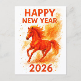 Happy New Year 2026 Fire Horse Watercolor Postcard Helg Vykort