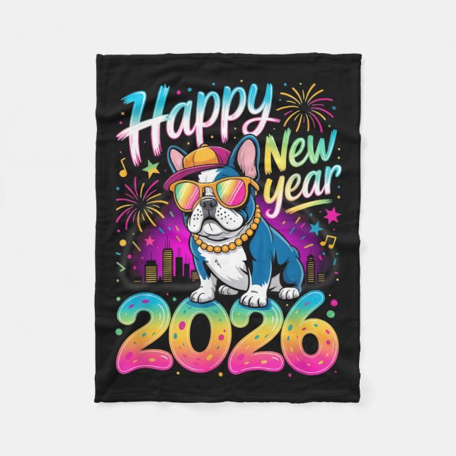 Happy New Year 2026 French Bulldog Fireworks Party Fleecefilt (Framsidan)