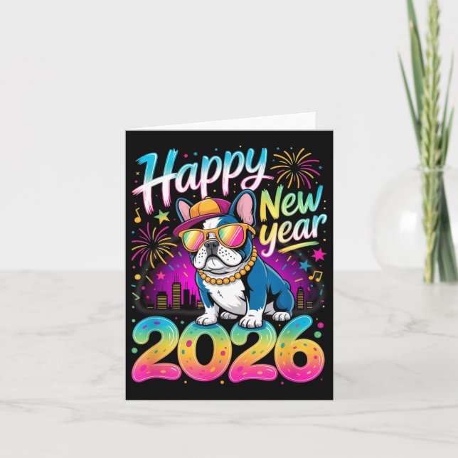 Happy New Year 2026 French Bulldog Fireworks Party Kort (Framsida)