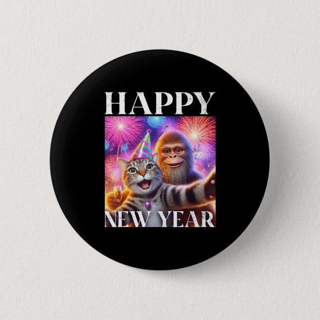 Happy New Year 2026 Funny Cat Bigfoot Party Art  Knapp (Framsida)