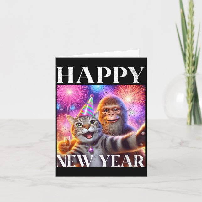 Happy New Year 2026 Funny Cat Bigfoot Party Art  Kort (Framsida)