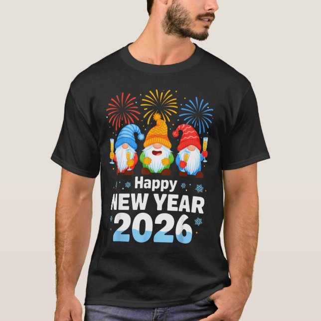Happy New Year 2026 Gnome With Fireworks And Champ T Shirt (Framsida)