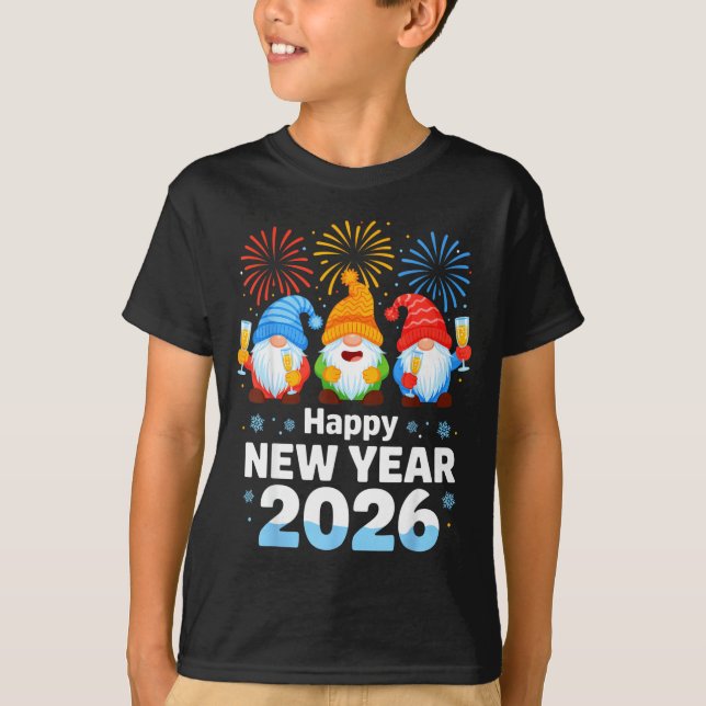 Happy New Year 2026 Gnome With Fireworks And Champ T Shirt (Framsida)