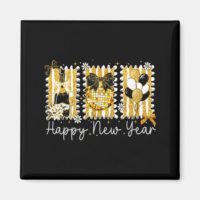 Happy New Year 2026 Gold Coquette Bow Disco Ball C Magnet (Framsidan)