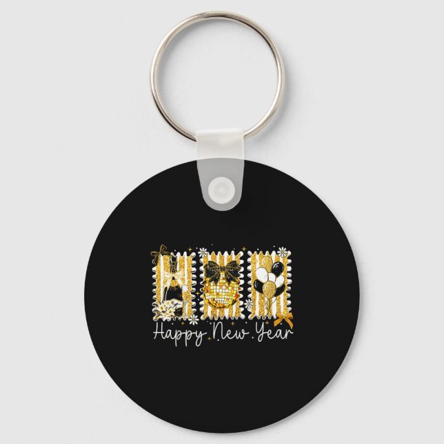 Happy New Year 2026 Gold Coquette Bow Disco Ball C Nyckelring (Framsida)