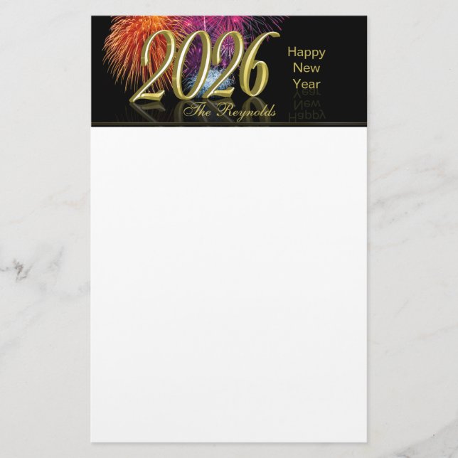 Happy New Year 2026 Gold Fireworks Brevpapper (Framsida)