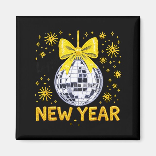 Happy New Year 2026 Golden Disco Ball Bow New Year Magnet (Framsidan)