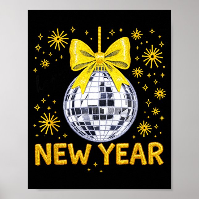 Happy New Year 2026 Golden Disco Ball Bow New Year Poster (Framsidan)