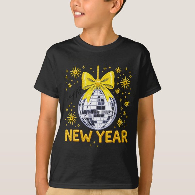 Happy New Year 2026 Golden Disco Ball Bow New Year T Shirt (Framsida)