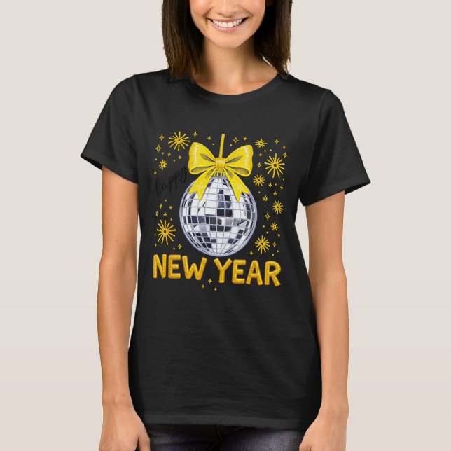 Happy New Year 2026 Golden Disco Ball Bow New Year T Shirt (Framsida)
