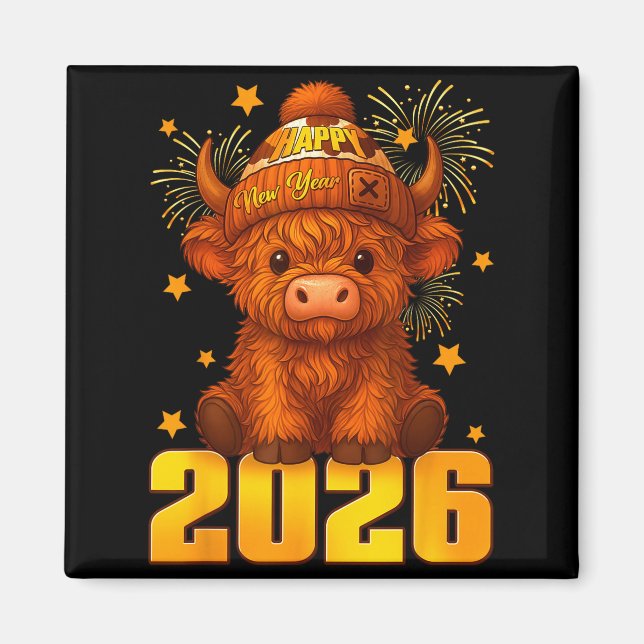Happy New Year 2026 Highland Cow &amp; Party Hat N Magnet (Framsidan)