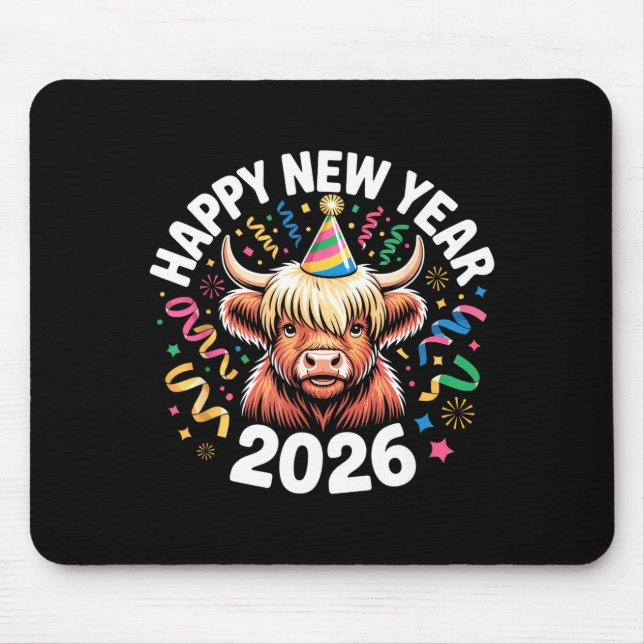 Happy New Year 2026 Highland Cow &amp; Party Hat N Musmatta (Framsidan)