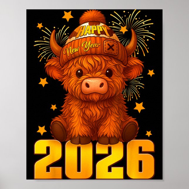 Happy New Year 2026 Highland Cow &amp; Party Hat N Poster (Framsidan)
