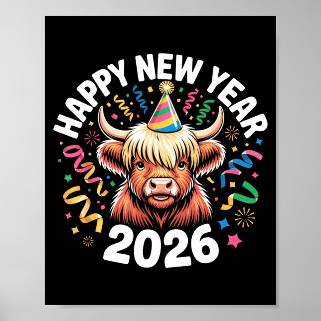 Happy New Year 2026 Highland Cow &amp; Party Hat N Poster (Framsidan)