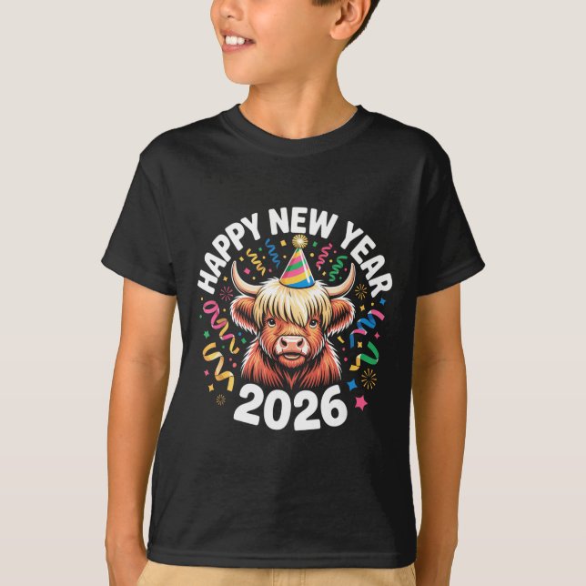 Happy New Year 2026 Highland Cow &amp; Party Hat N T Shirt (Framsida)