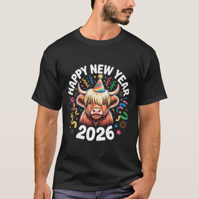 Happy New Year 2026 Highland Cow &amp; Party Hat N T Shirt (Framsida)