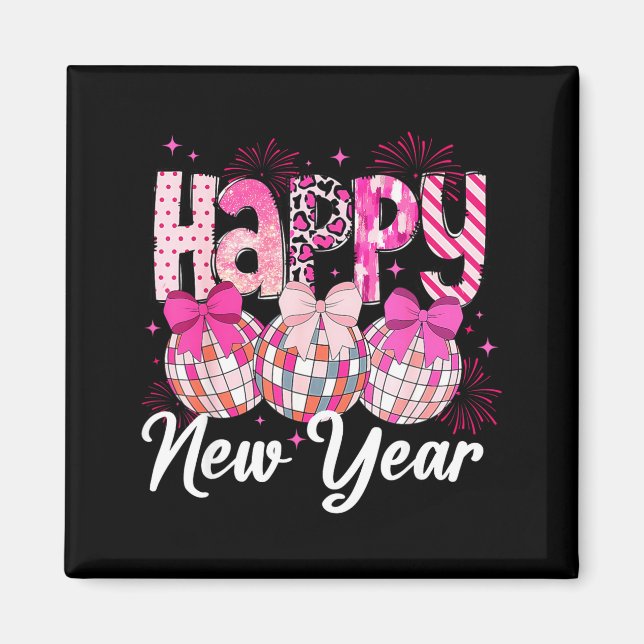 Happy New Year 2026 Nk Coquette Bow Disco Ball Fir Magnet (Framsidan)
