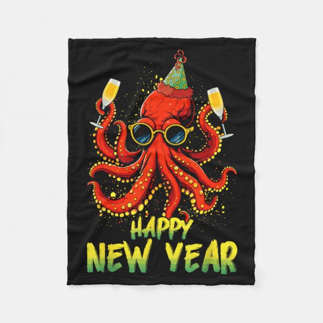 Happy New Year 2026 Octopus Drinking Champagne New Fleecefilt (Framsidan)