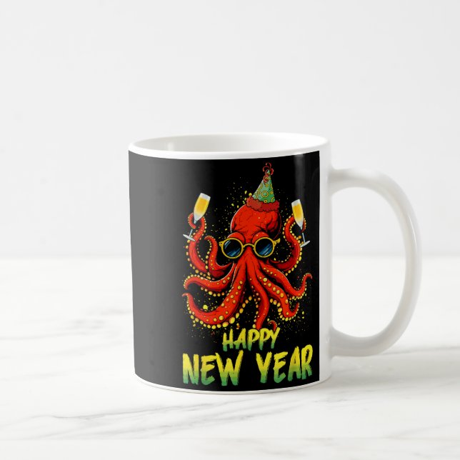 Happy New Year 2026 Octopus Drinking Champagne New Kaffemugg (Höger)
