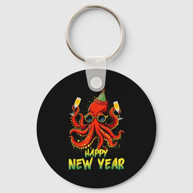 Happy New Year 2026 Octopus Drinking Champagne New Nyckelring (Framsida)