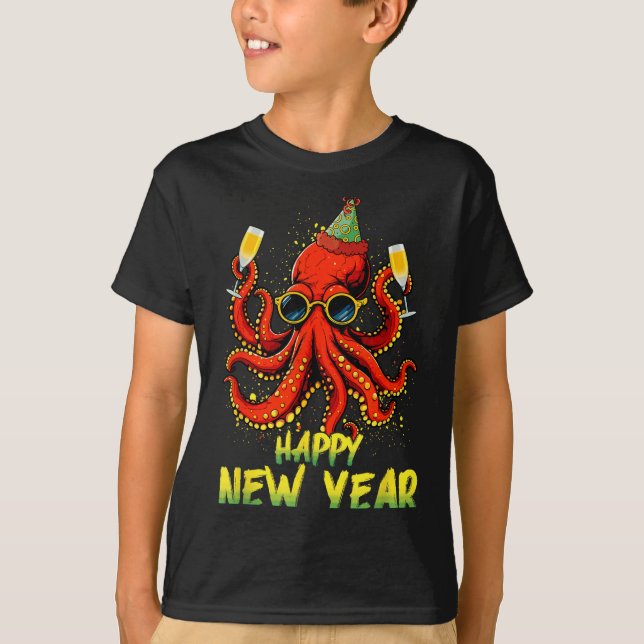 Happy New Year 2026 Octopus Drinking Champagne New T Shirt (Framsida)