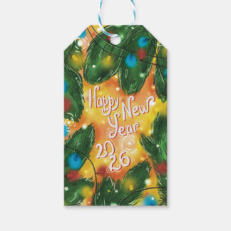 Happy New Year 2026 Pine Branches & Lights Presentetikett