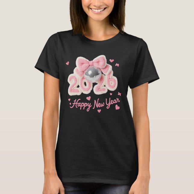 Happy New Year 2026 Pink Fuzzy Disco Ball Tee (Framsida)