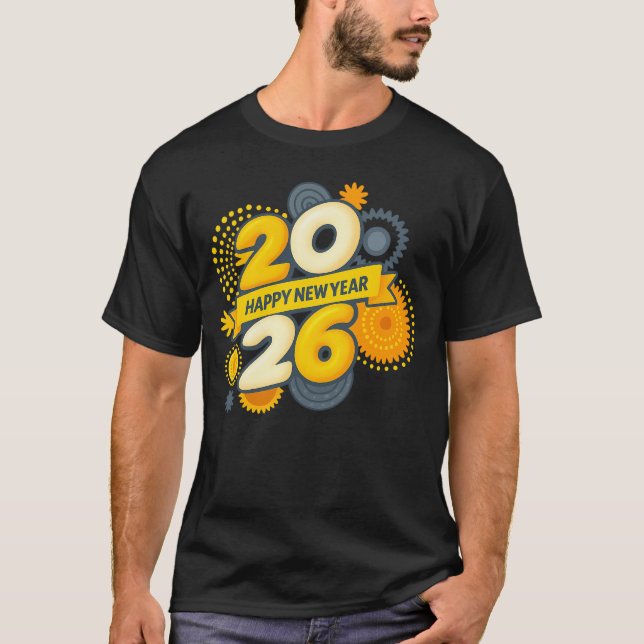  Happy New Year 2026 Retro Gear Burst Tee (Framsida)