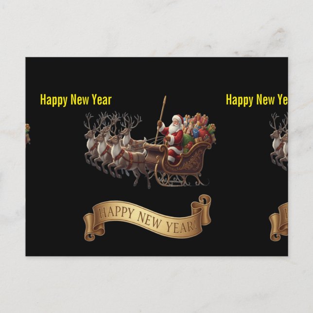 Happy New Year 2026 – Santa Sleigh on Black Helg Vykort (Framsida)