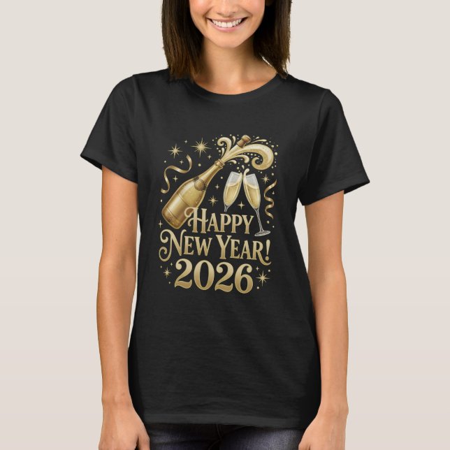Happy New Year 2026 Shirt Champagne Popping NYE Ev T Shirt (Framsida)