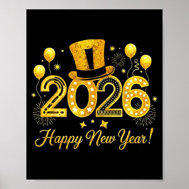 Happy New Year 2026 Top Hat Balloons Party New Yea Poster (Framsidan)