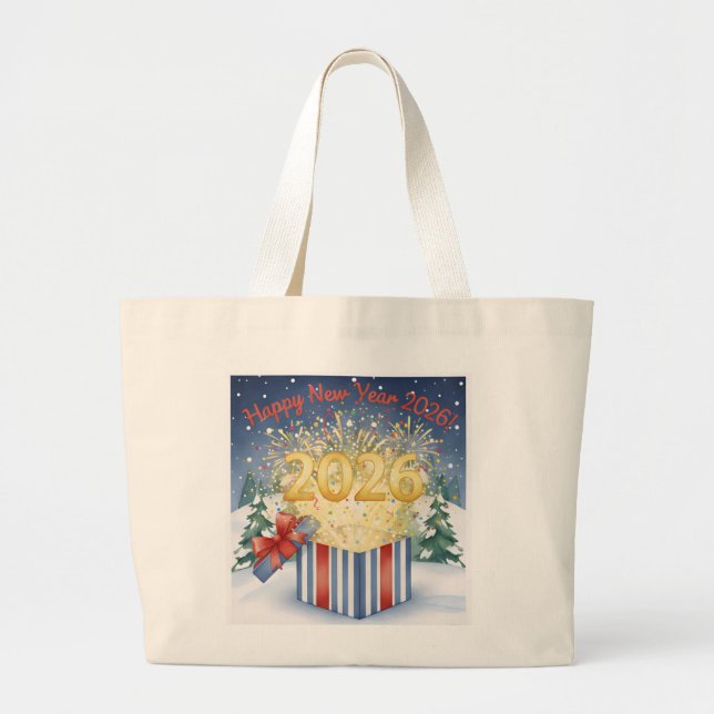 Happy New Year 2026 Tote Bag – Festive Fireworks  Jumbo Tygkasse (Framsidan)