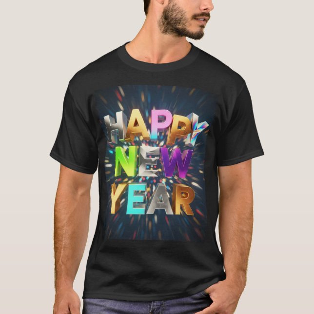 Happy New Year 3D Metallic Text – Festive Celebrat T Shirt (Framsida)