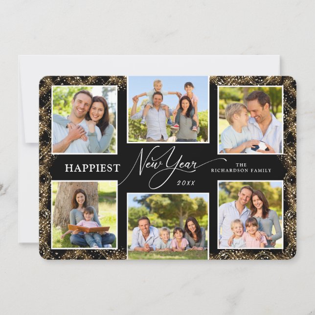 Happy New Year 6 Photos Faux Glitter Julkort (Framsida)