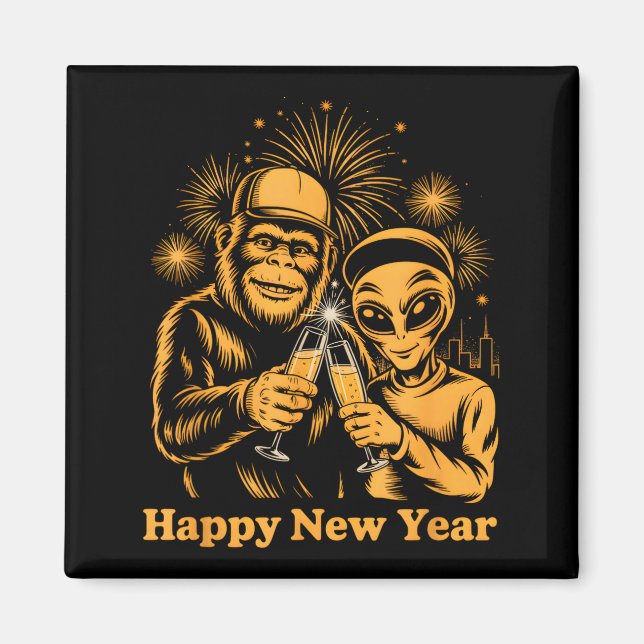 Happy New Year Bigfoot And Alien Sasquatch Firewor Magnet (Framsidan)