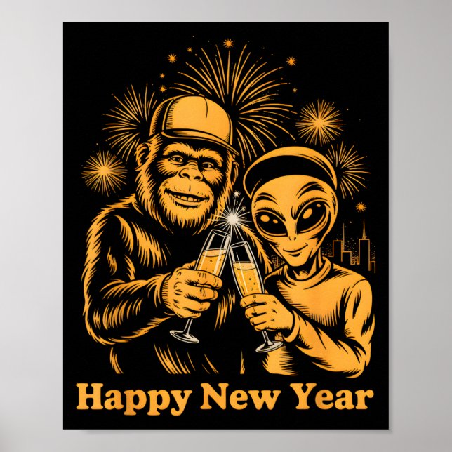 Happy New Year Bigfoot And Alien Sasquatch Firewor Poster (Framsidan)