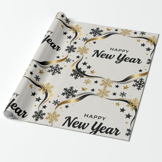 Happy New Year Black and Gold Snowflake  Presentpapper (Utrullad)
