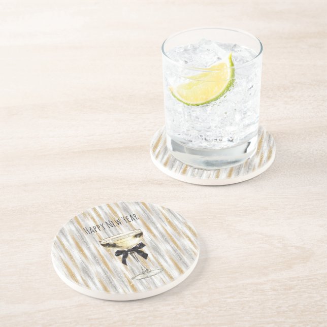 Happy New Year Black Bow Gold Silver Champagne Underlägg (Sidan)