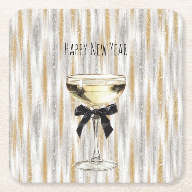 Happy New Year Black Bow Gold Silver Champagne Underlägg Papper Kvadrat (Framsidan)