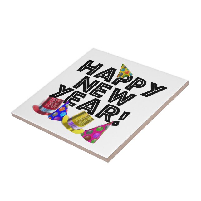Happy New Year - Black Text with Party Hats Kakelplatta (Sidan)