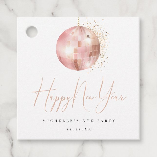 Happy New Year Blush Pink Rose Gold Disco Ball  Gåvor Etiketter (Framsida)