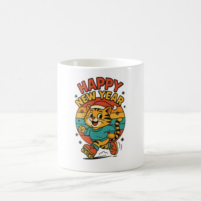 Happy New Year Cat - Cute 80s Cartoon Skating   Kaffemugg (Center)