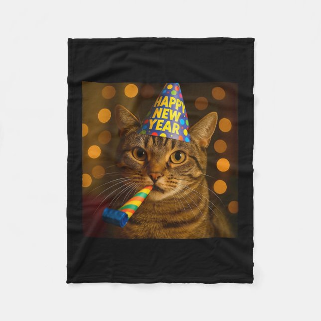 Happy New Year Cat Funny Party Hat Feline Meme Cel Fleecefilt (Framsidan)